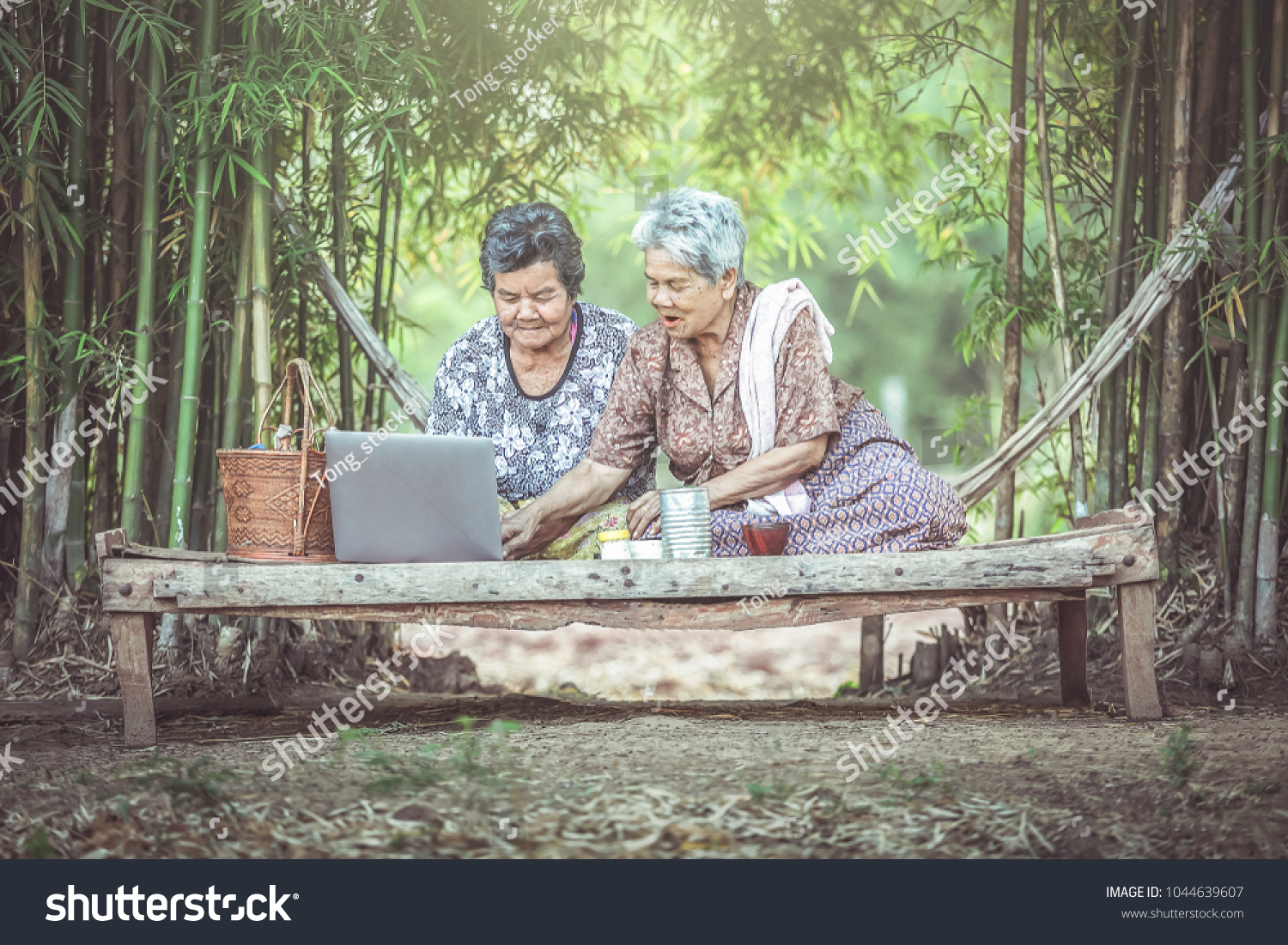 Two Asian Women Seniors Happily Sharing Stock Photo 1044639607