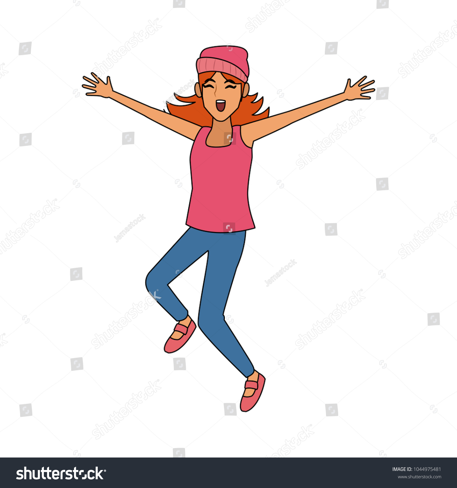 Happy Woman Jumping Cartoon Stock Vector (Royalty Free) 1044975481 ...