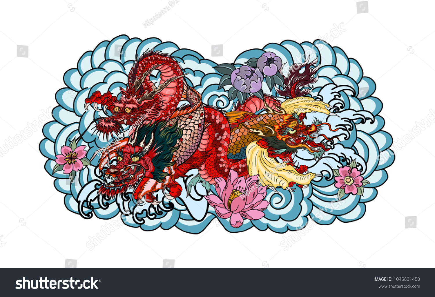 Dragon Koi Dragon Lotus Flower Tattoopeach Stock Vector Royalty Free Shutterstock