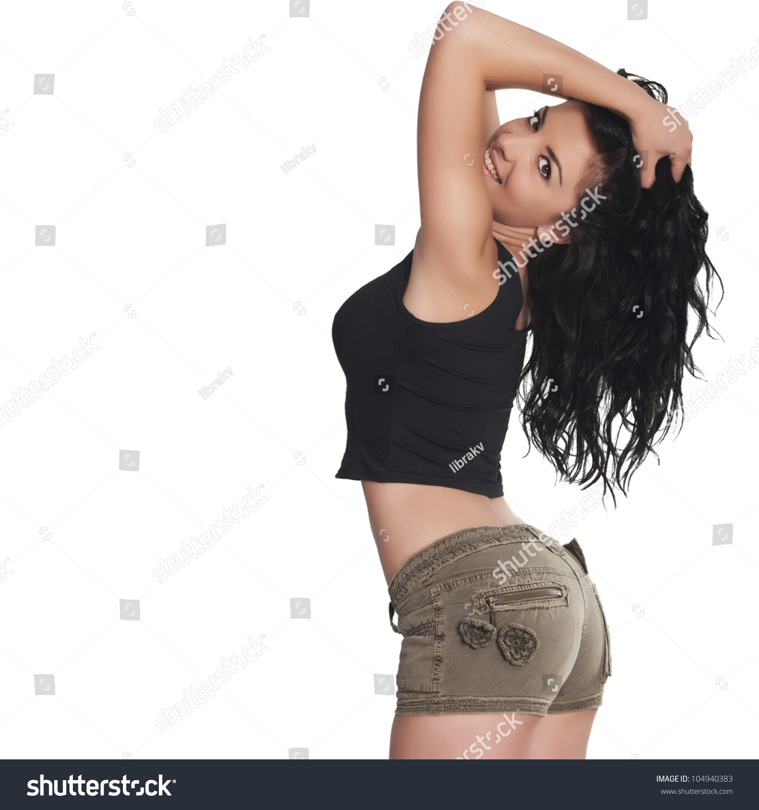 Sexy Brunette Woman Posing Hot Pants: стоковая фотография (р