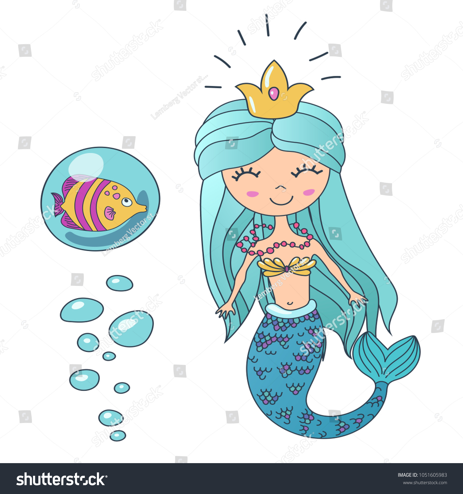 Vector Beautiful Cute Little Siren Mermaid Stock Vector (Royalty Free ...