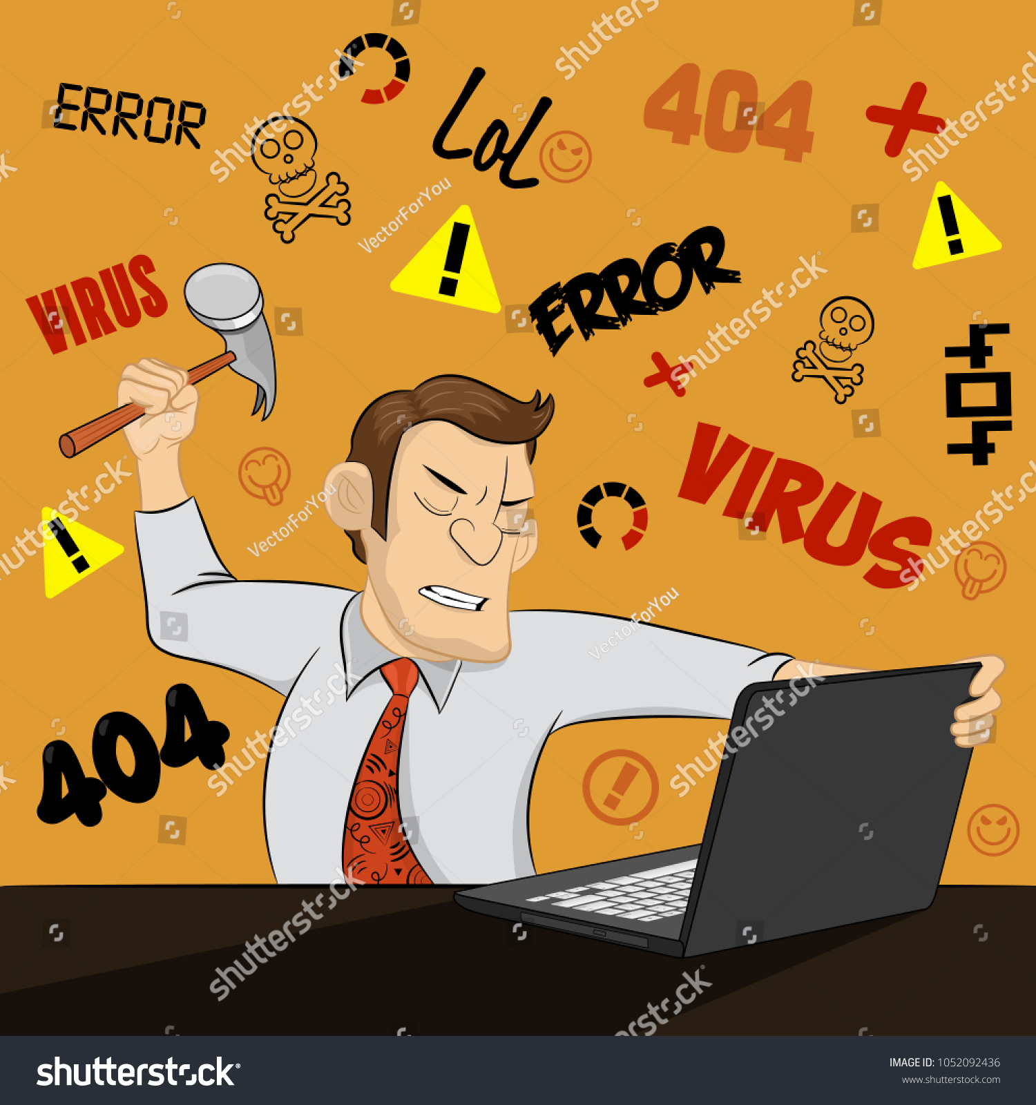 Angry Man Destroys His Computer Hammer Stock Vector (Royalty Free ...