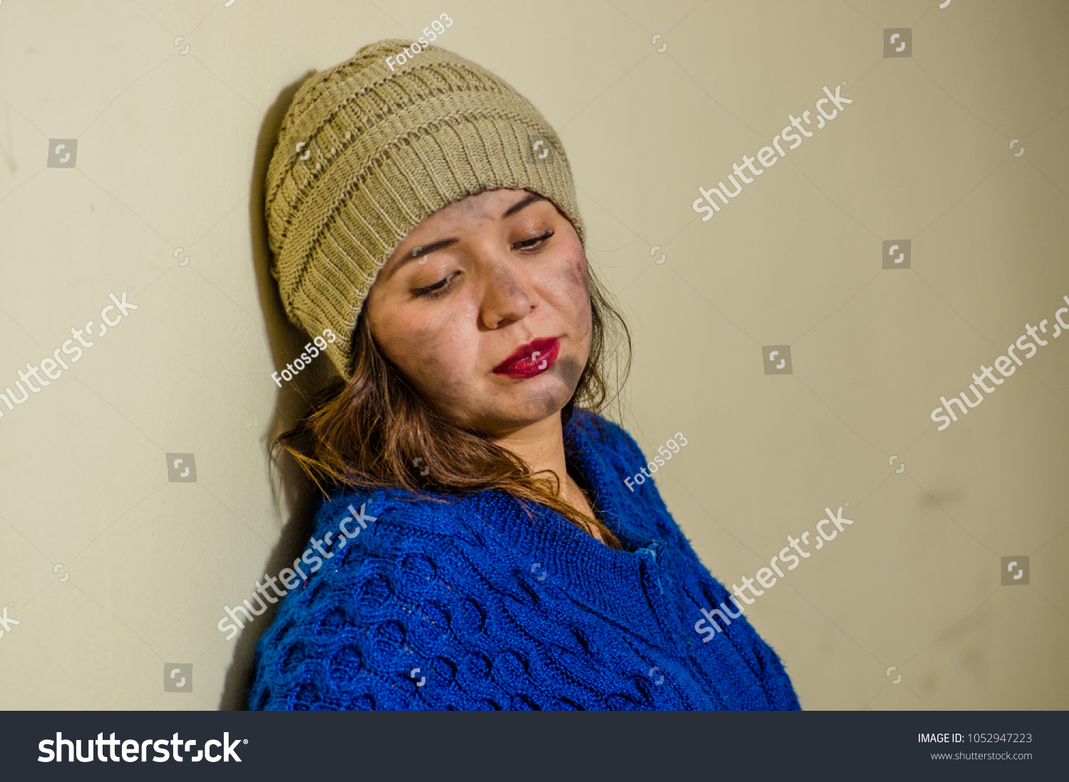 Portrait Homeless Woman On Street Cold Stock Photo 1052947223 ...