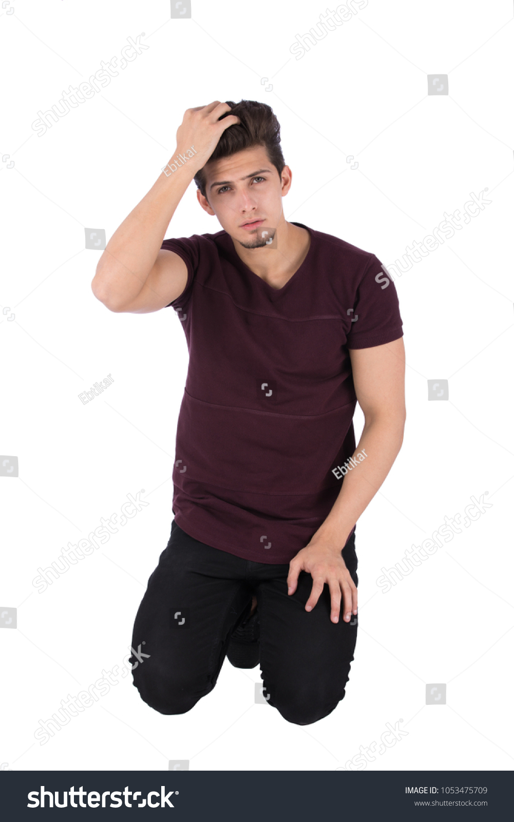 Sad Man Sitting On Knees Putting Stock Photo 1053475709 | Shutterstock