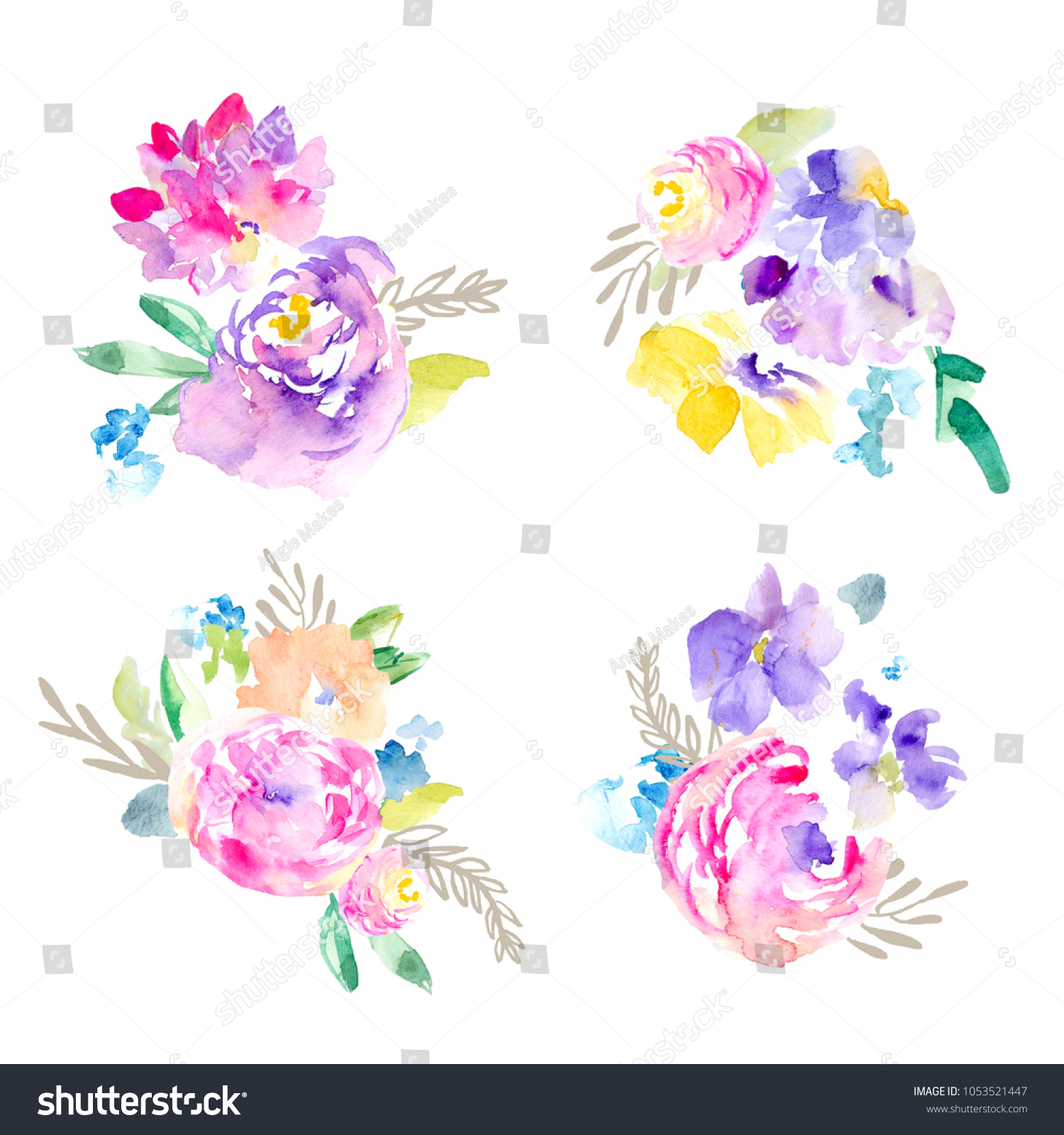 Cute Watercolor Flower Bouquet Stock Illustration 1053521447 | Shutterstock