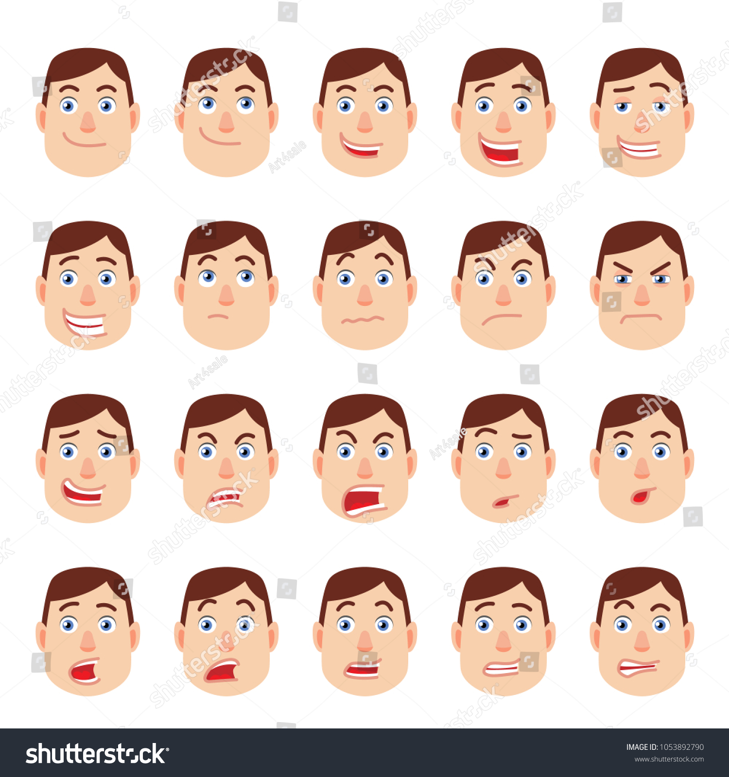 Cartoon Man Different Facial Expressions Emotional Stock Vector ...