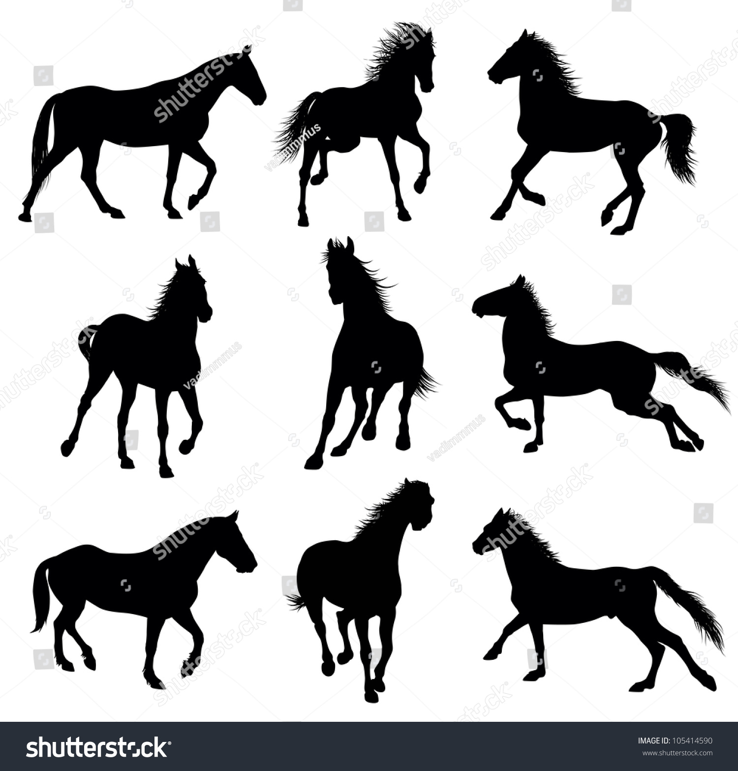 Running Horses Detailed Silhouettes Set Vector Stock Vector (Royalty ...