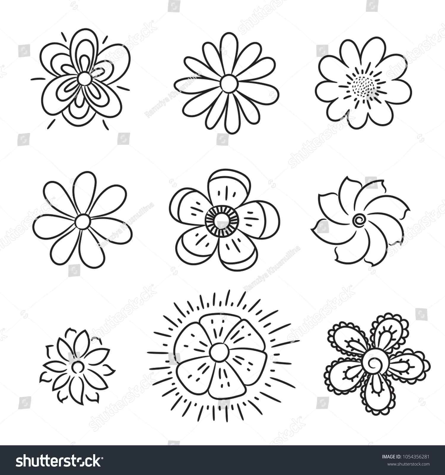 Doodle Flowers Set Hand Drawn Line Stock Vector (Royalty Free ...