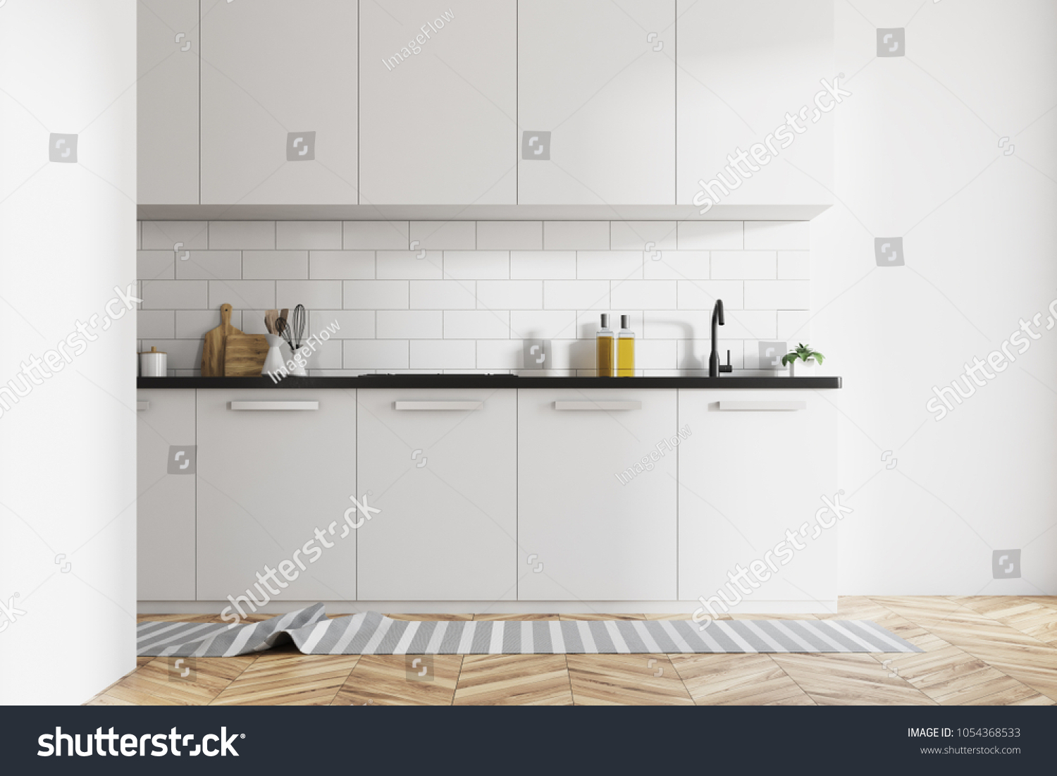 Stock Photo Modern Kitchen Interior With White Brick Walls White Countertops And A Wooden Floor With A Rag On 1054368533 