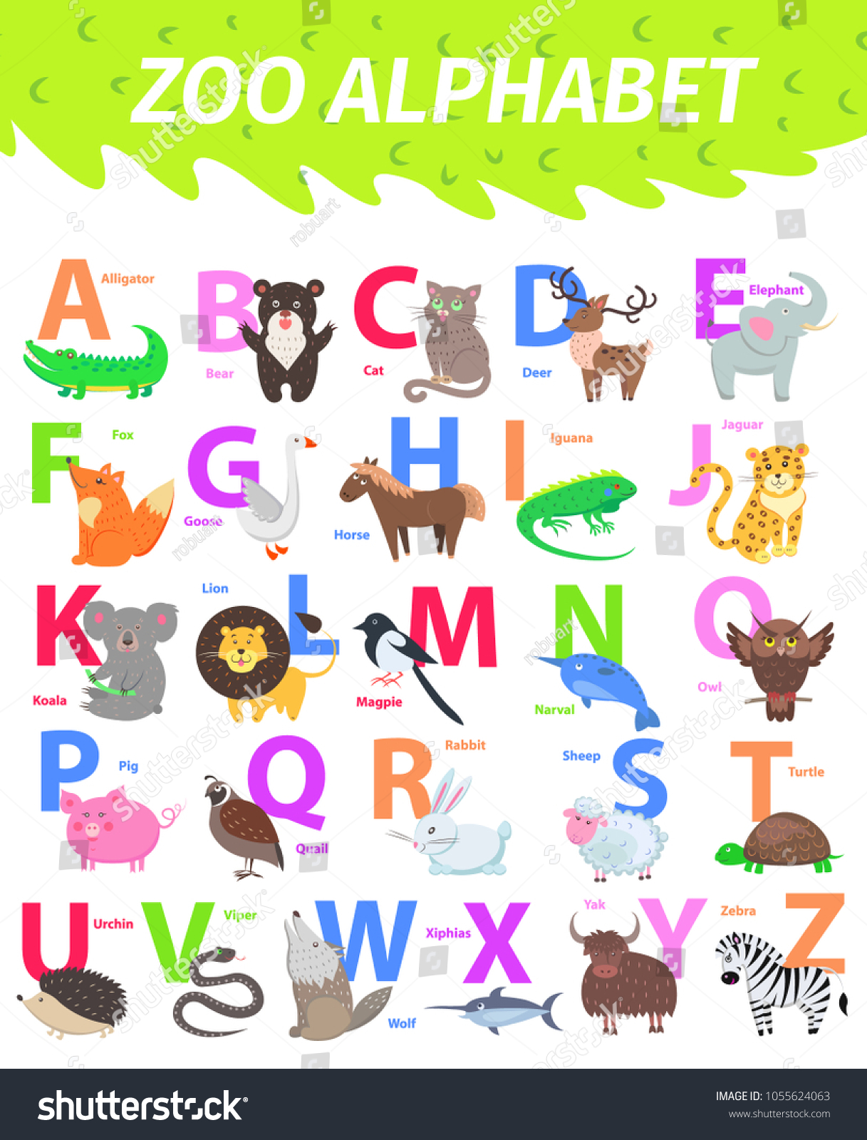 Zoo Alphabet Cute Animals Cartoon Vector Stock Vector (Royalty Free ...