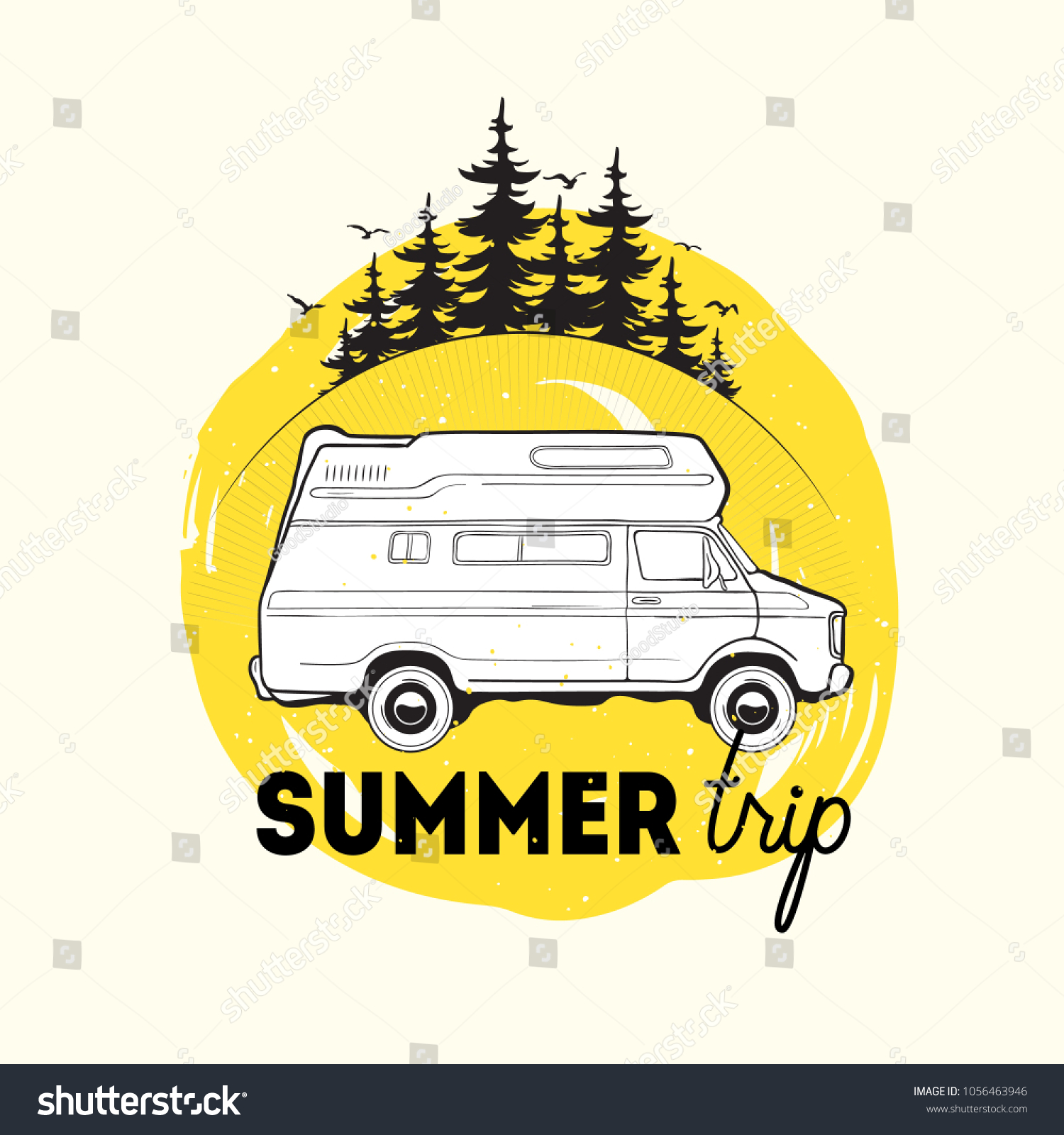 Camper Trailer Campervan Driving Against Spruce Stock Vector (Royalty ...