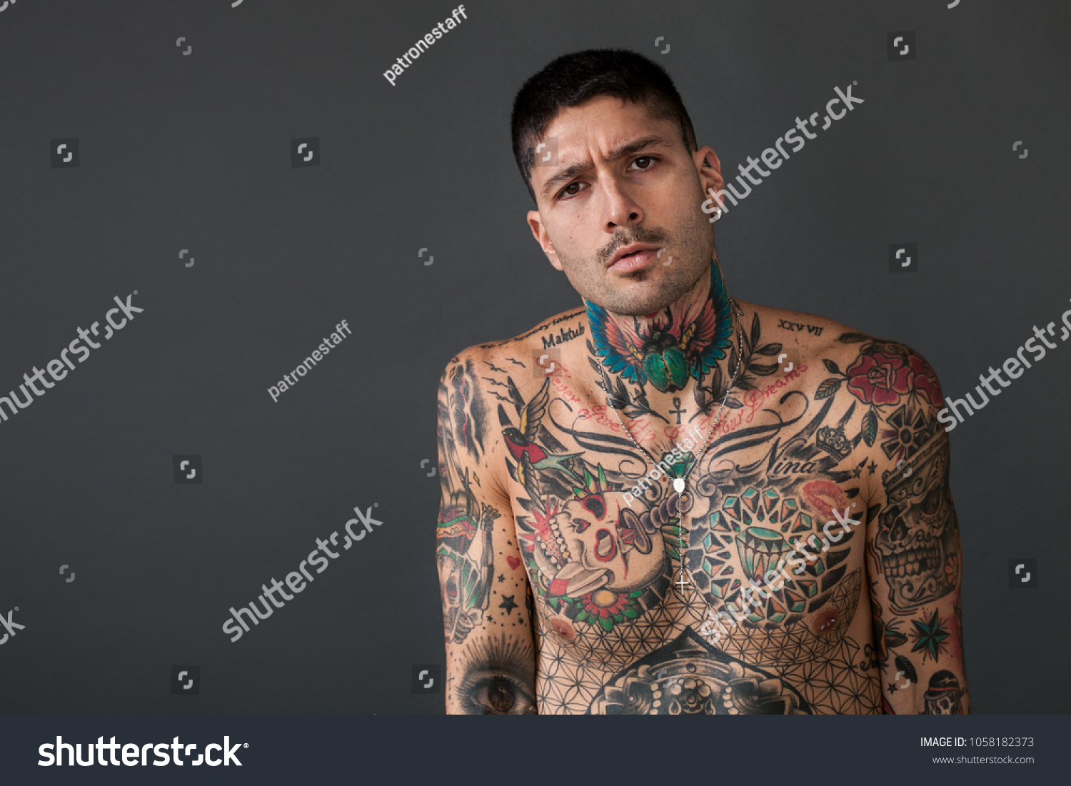 Handsome Barechested Man Portrait Tattoos All Stock Photo 1058182373 ...