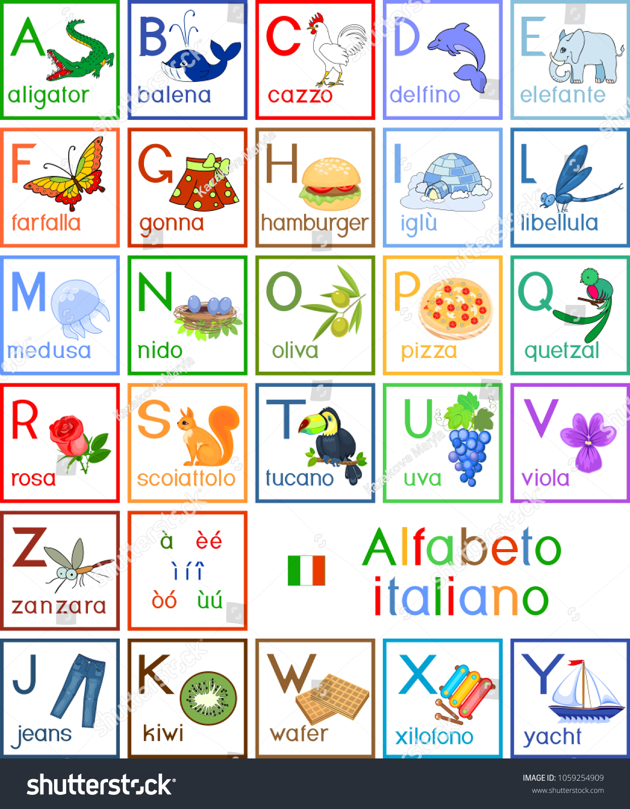 Colorful Italian Alphabet Pictures Titles Children Stock Vector ...