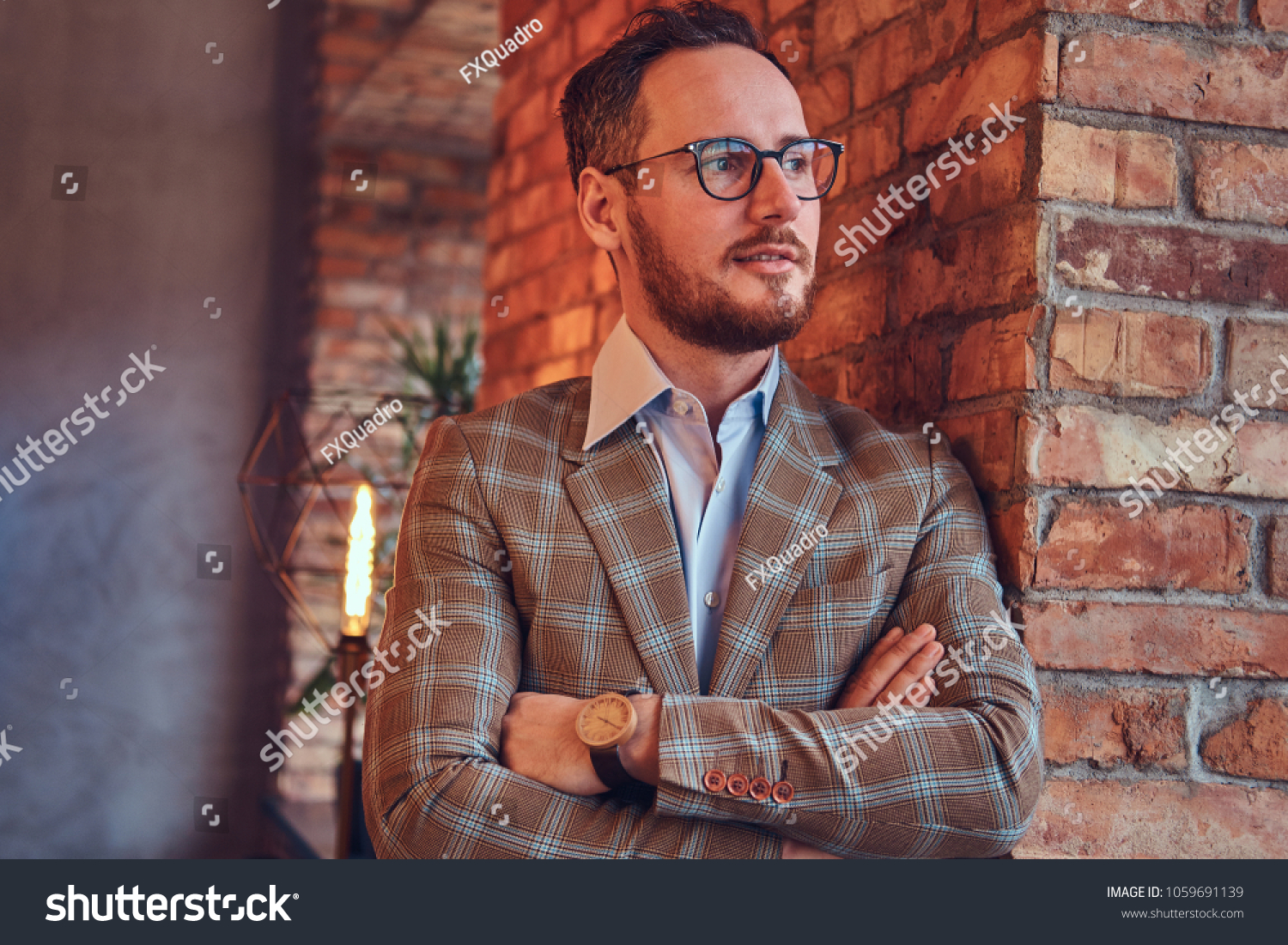 Stylish Man Flannel Suit Glasses Crossed Stock Photo 1059691139 