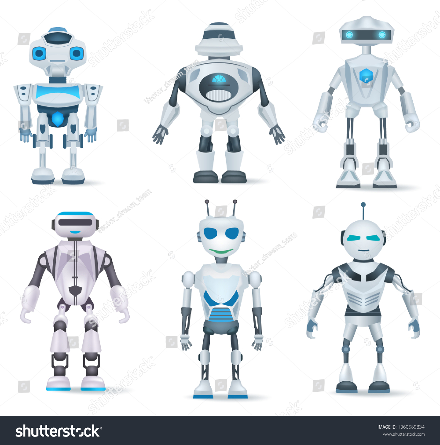 Set Realistic Robot Isolated On White Stock Vector (Royalty Free ...