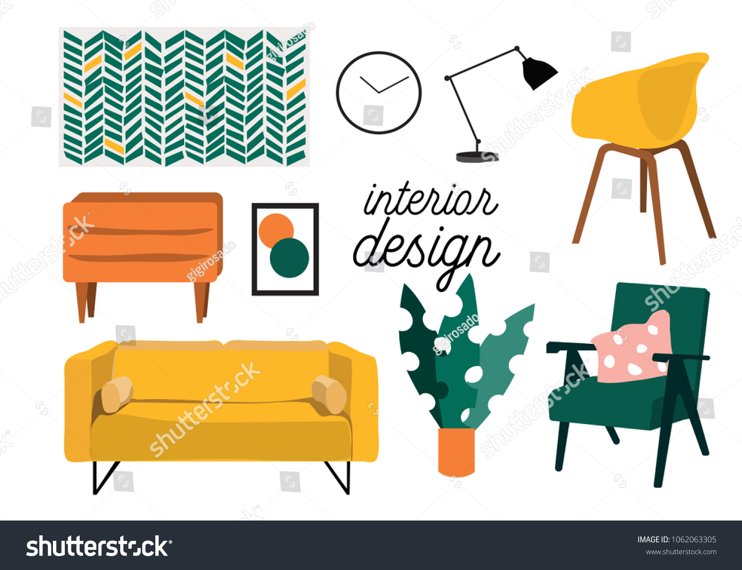 Set Sitting Room Furniture Interior Design Stock Vector (Royalty Free