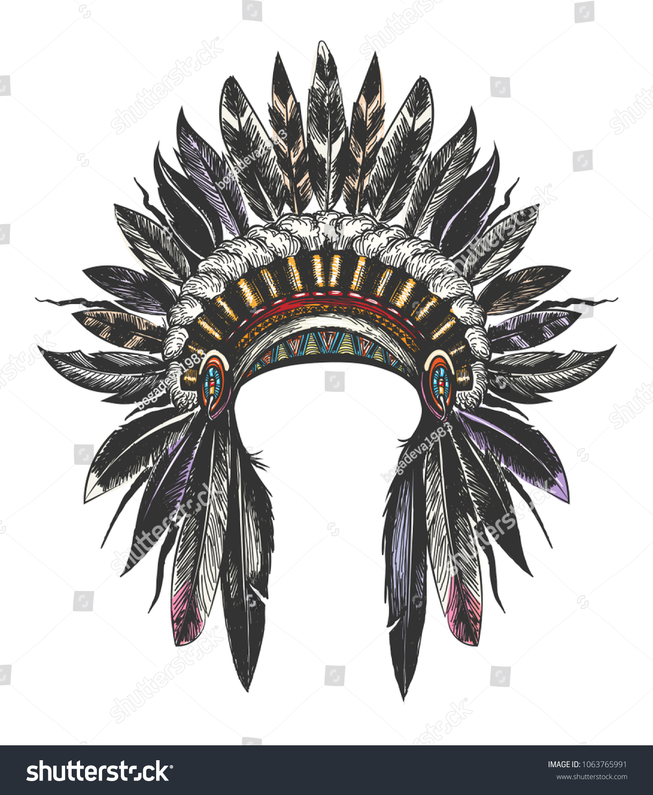 Hand Drawn Colorful Feathered War Bonnet Stock Vector (Royalty Free ...