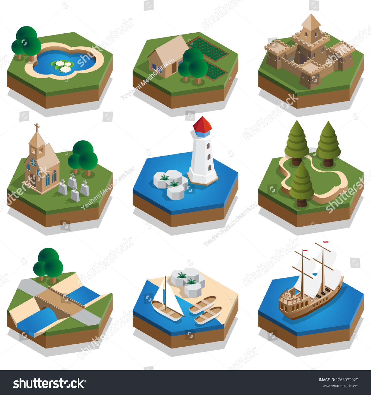 Set Elements Medieval Landscape Isometric Raster Stock Illustration ...