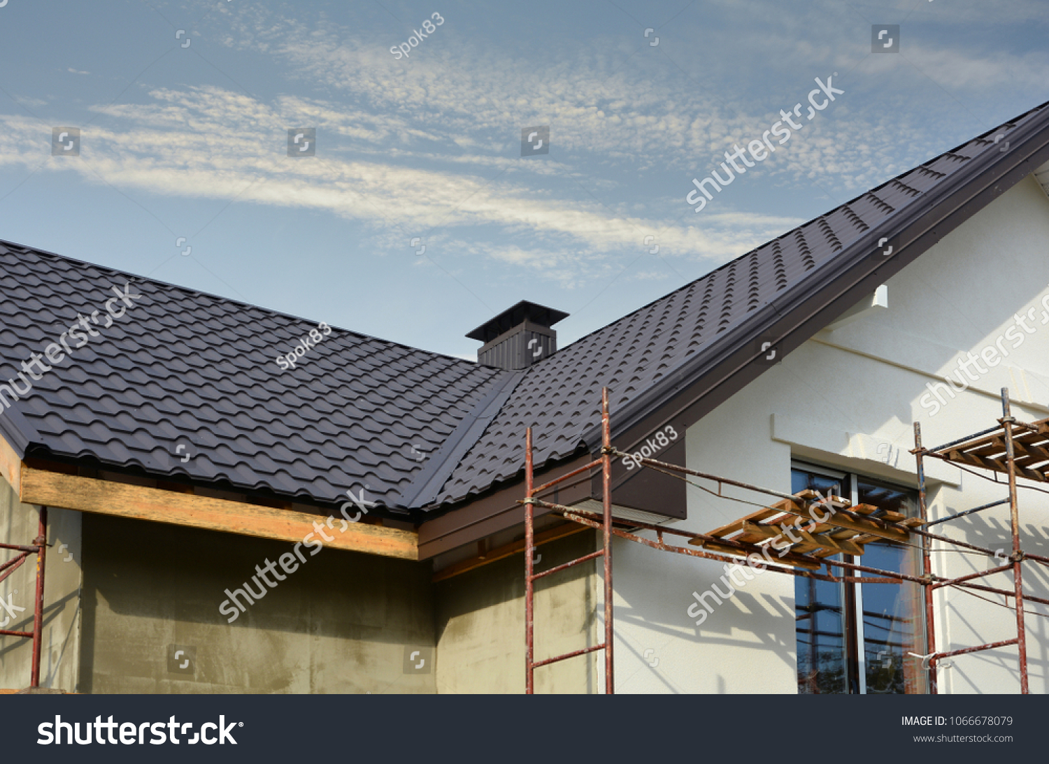 Metal Roof Construction Coaxial Chimney Pipe Stock Photo 1066678079   Stock Photo Metal Roof Construction With Coaxial Chimney Pipe Heating System Against Blue Sky 1066678079 