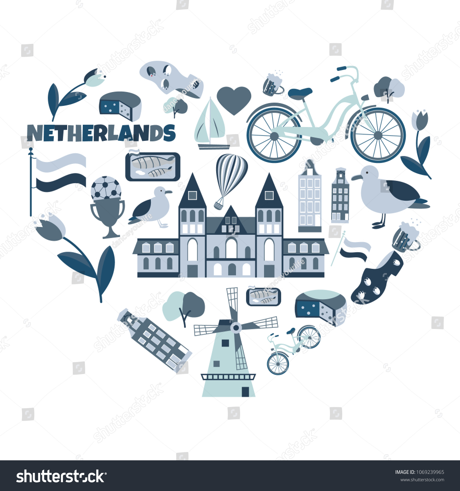 Blue Poster Different Elements Landmarks Netherlands Stock Vector ...