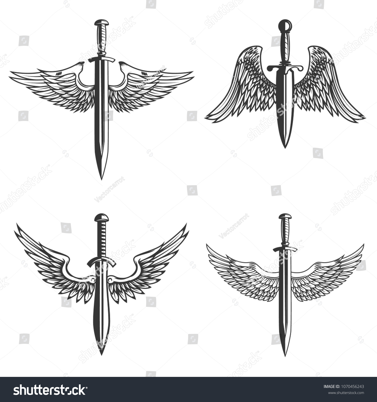 Set Emblems Medieval Sword Wings Design Stock Vector (Royalty Free ...