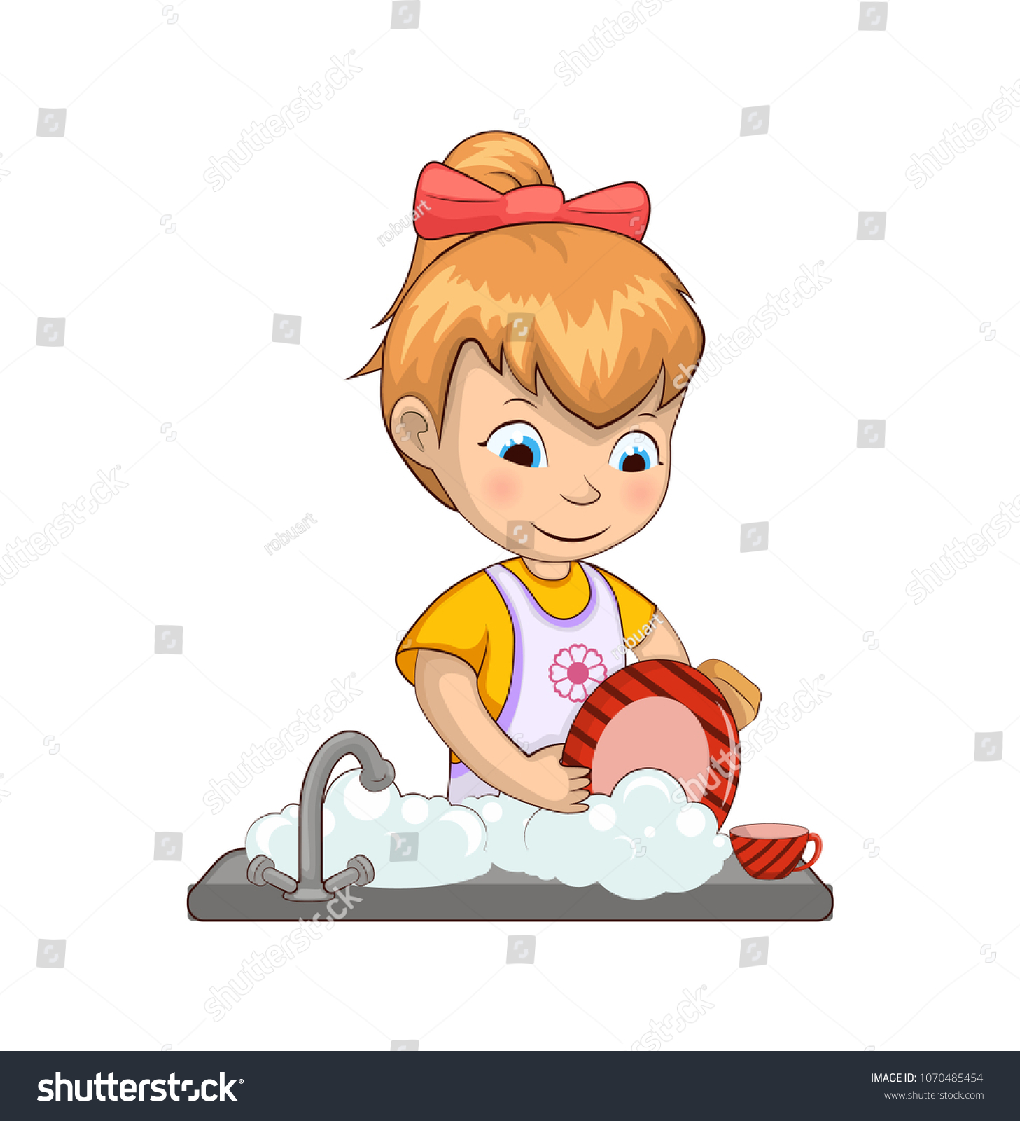 Little Girl Washing Dishes Chores Kid Stock Vector (Royalty Free ...