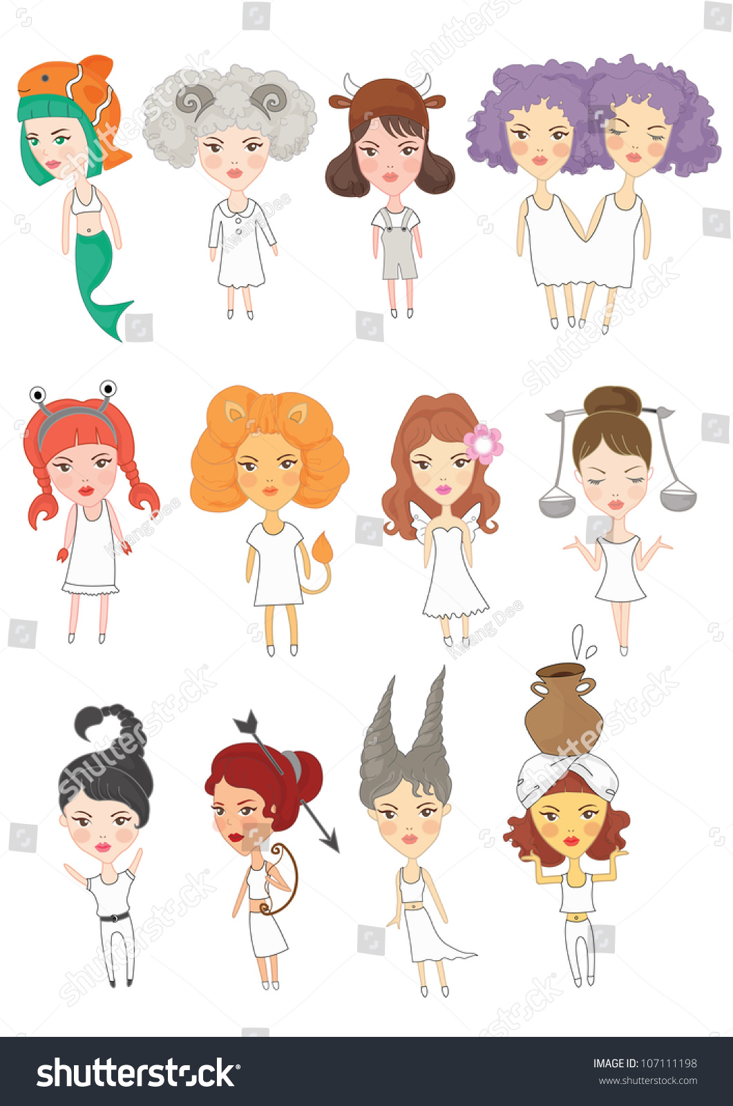 Cute Girlsset 12 Zodiac Symbols Stock Illustration 107111198 | Shutterstock