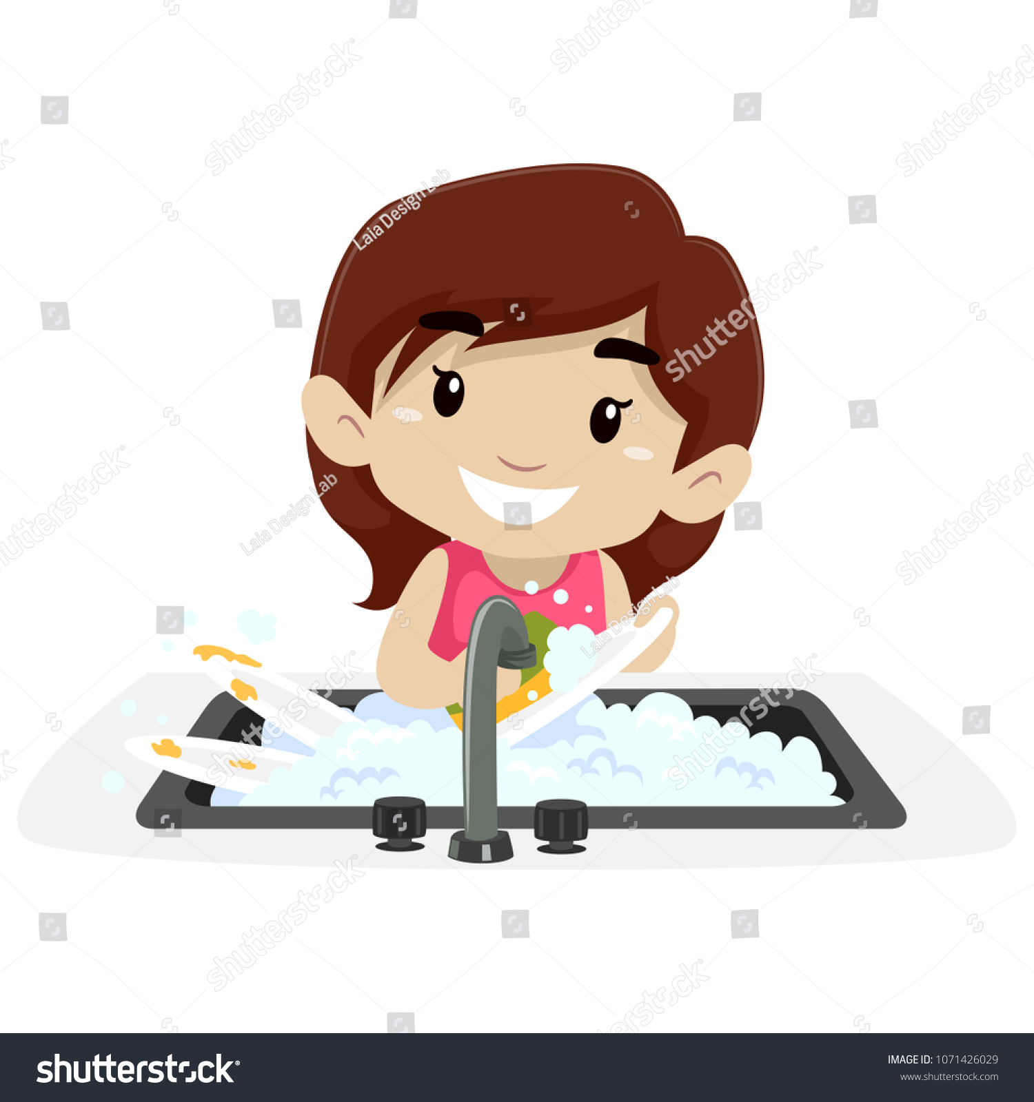 Vector Illustration Little Girl Washing Dishes Stock Vector (Royalty ...