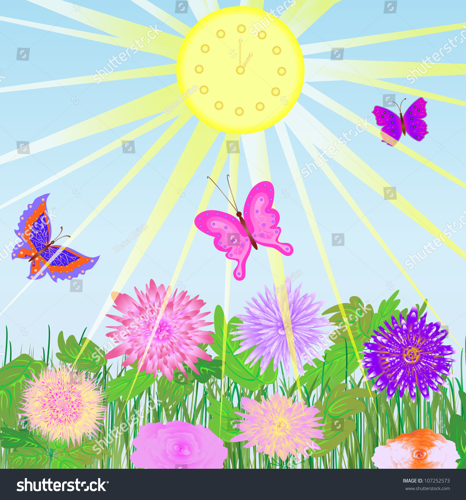 Sundial Flowers Butterflies Vector Illustration Stock Vector (Royalty ...