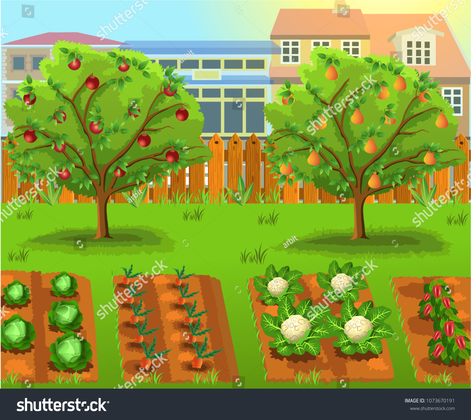 Мультяшный сад фруктовый деревья