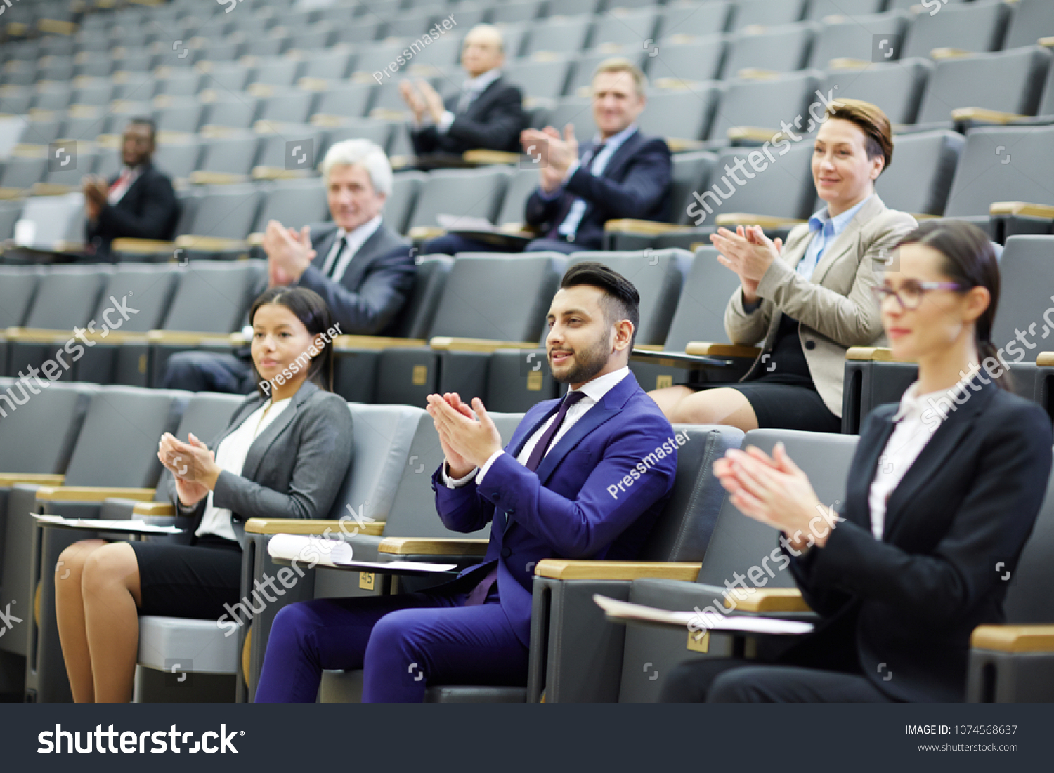 Happy Audience Clapping Hands After Speech Stock Photo 1074568637 ...