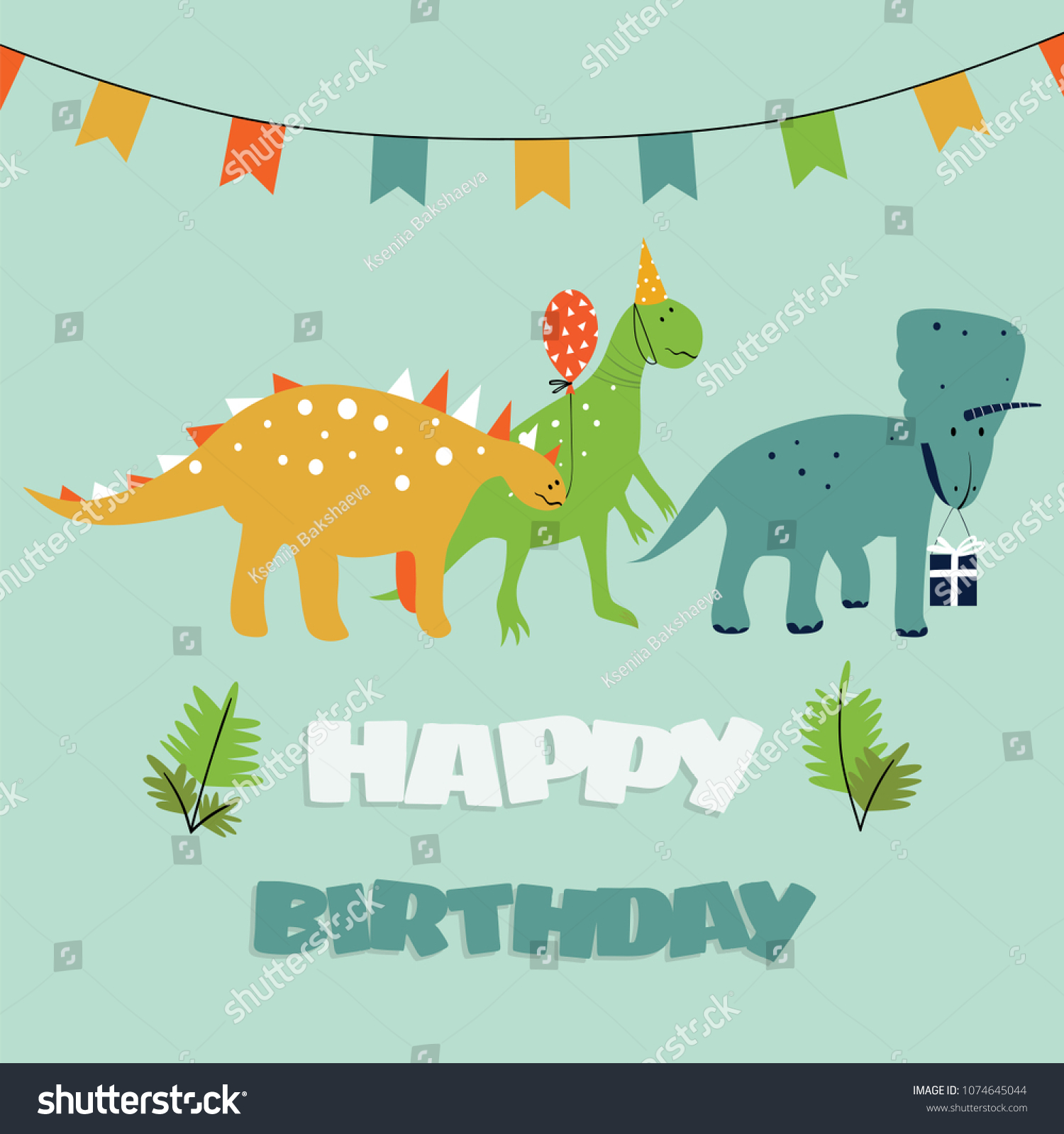 Birthday Greeting Card Cartoon Dinosaurs Party Stock Vector (Royalty ...