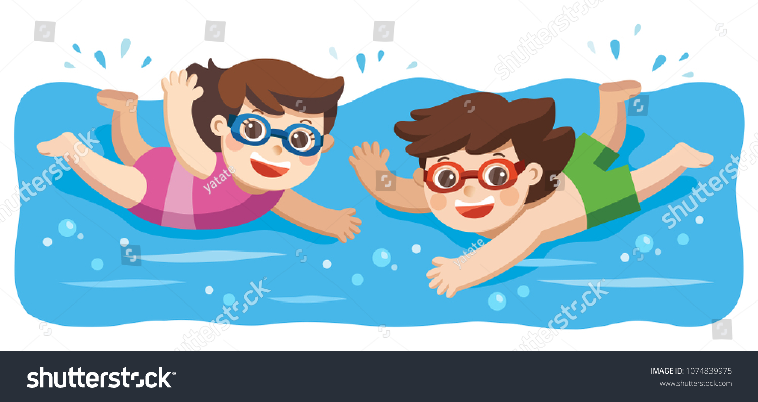 Vektor Stok Cheerful Active Little Boy Girl Swimming Tanpa Royalti 1074839975 Shutterstock 5802