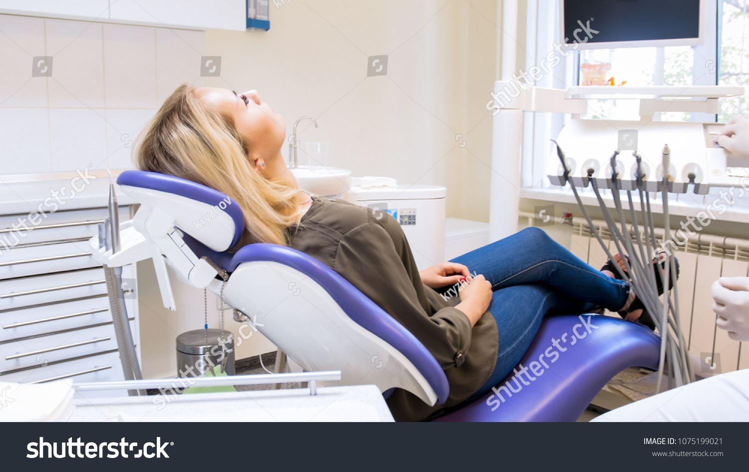 Beautiful Woman Lying Dentist Chair Waiting Stock Photo 1075199021 ...