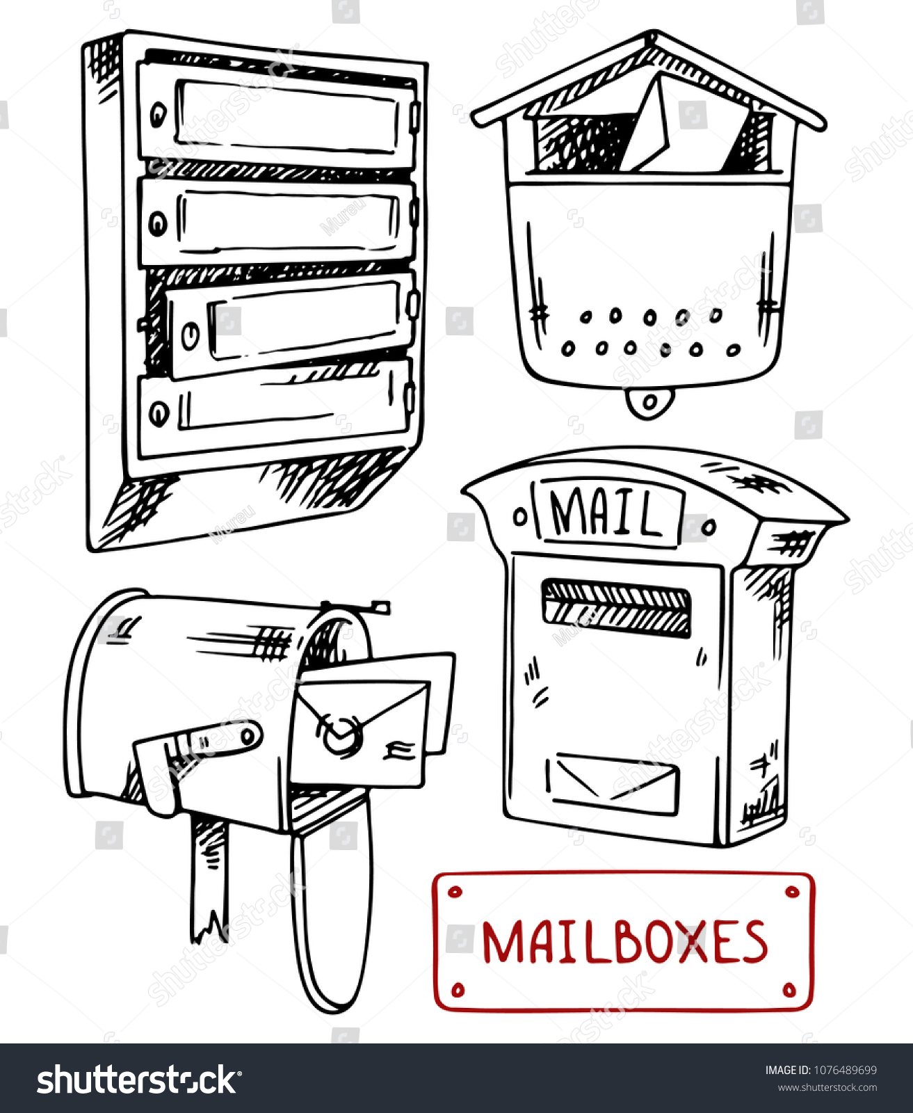 Mailboxes Set Vector Drawings Sketch Style Stock Vector (Royalty Free