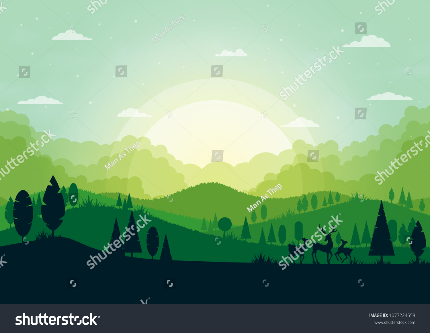 Green Silhouette Nature Landscape Forest Mountains Stock Vector ...