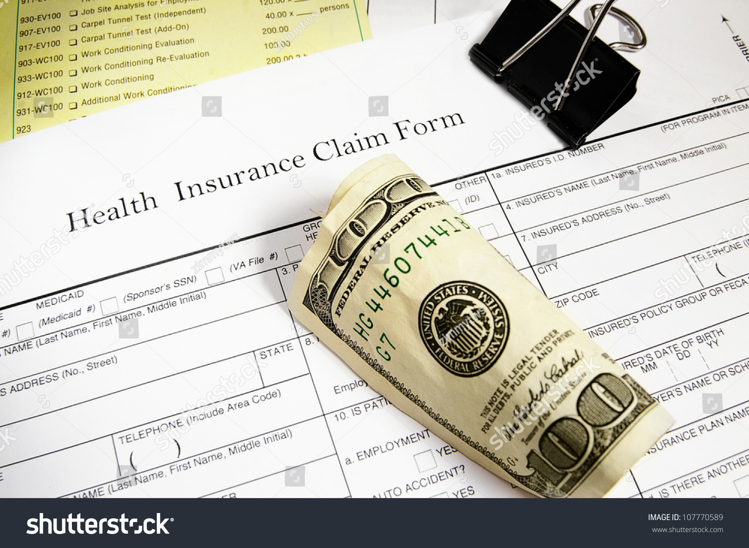 Medical Insurance Claim Form Bills Cash Stock Photo 107770589 ...