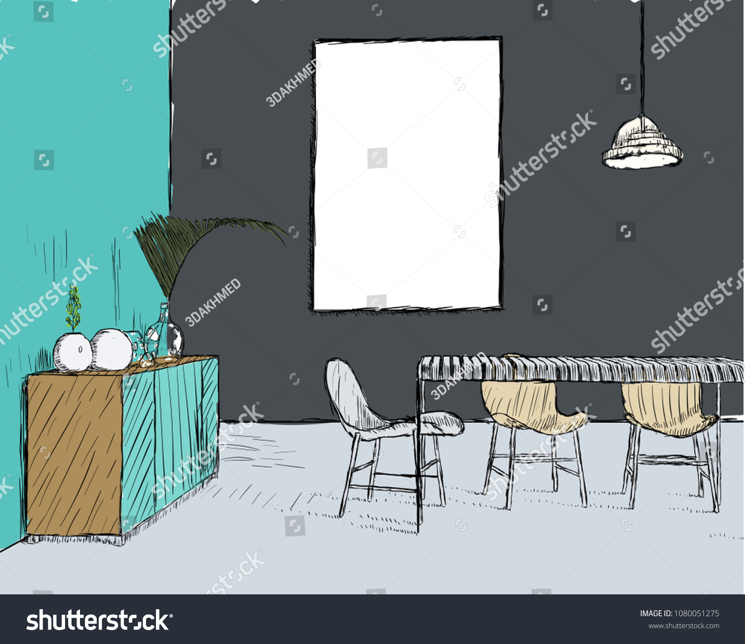 Sketch Interior Design Comfortable Workplace Hand Stock Vector (Royalty ...