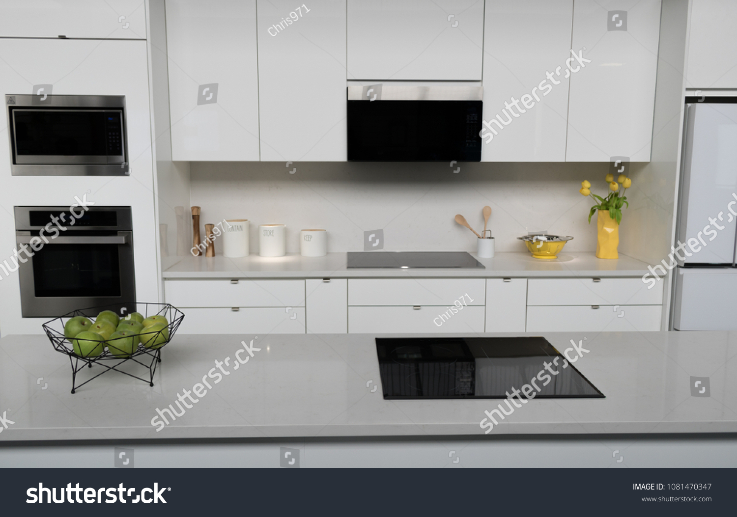 Stock Photo Modern White Kitchen With Quartz Countertop Island Stainless C 1081470347 