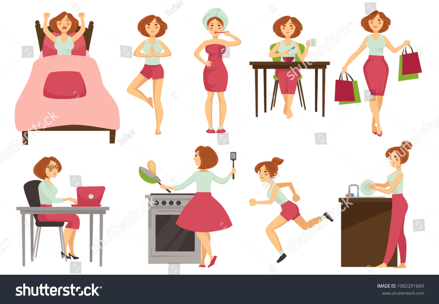 Woman Daily Routine Vector Icons Stock Vector (Royalty Free) 1082291669 ...