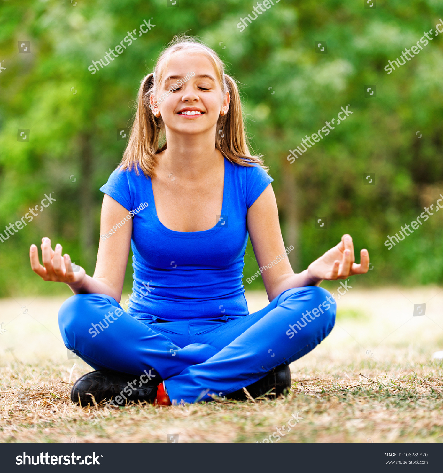 Smiling Teenage Girl Blue Dress Sitting Stock Photo 108289820 ...