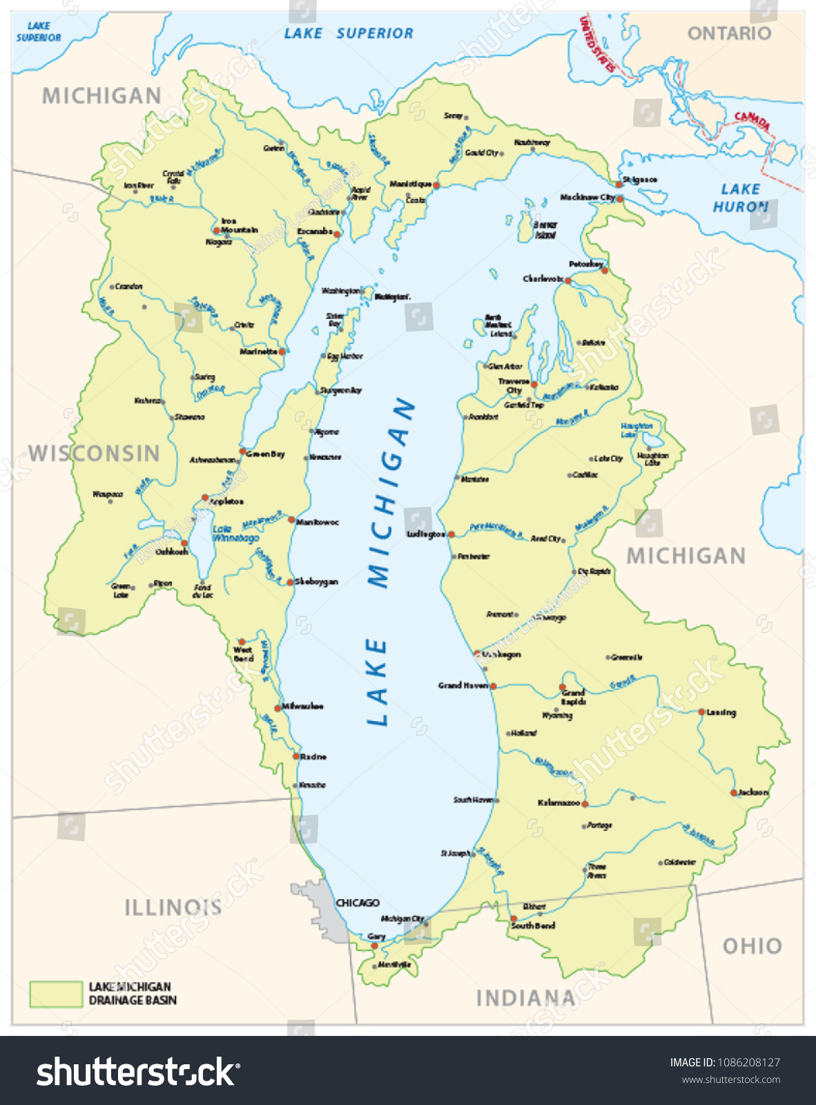 Lake Michigan Drainage Basin Vector Map Stock Vector (Royalty Free ...