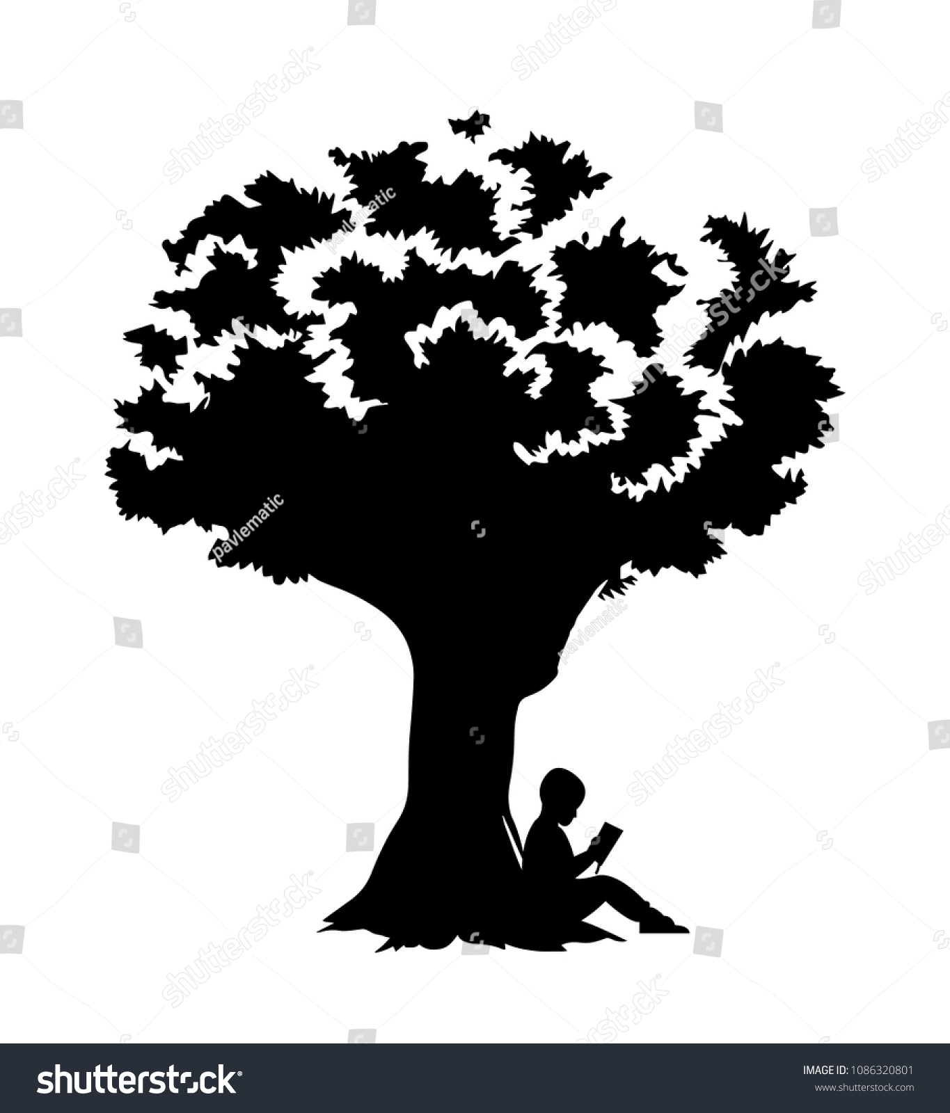 Little Boy Reading Book Under Tree Stock Vector (Royalty Free ...