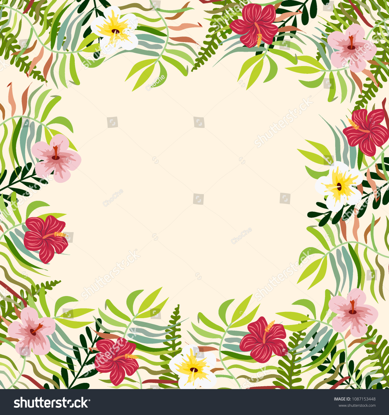 Frame Tropical Leaves Flowers Tropical Background Stock Vector (Royalty ...