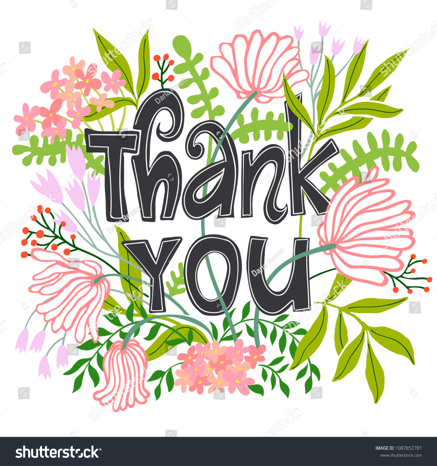 Thank You Card Lettering Flowers Vector Stock Vector (Royalty Free ...