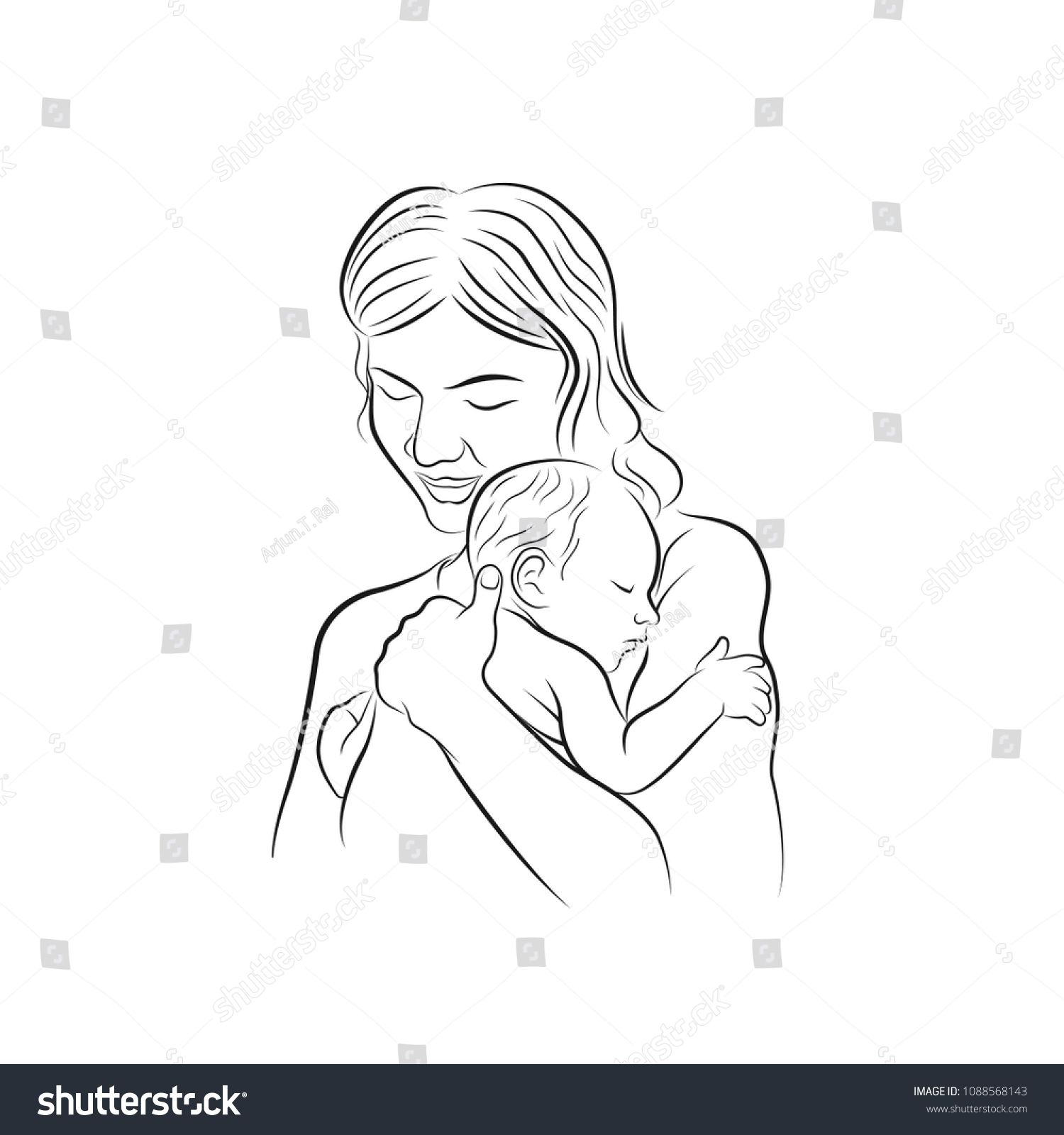 Mother Child Vector Line Drawing Stock Vector (Royalty Free) 1088568143 ...