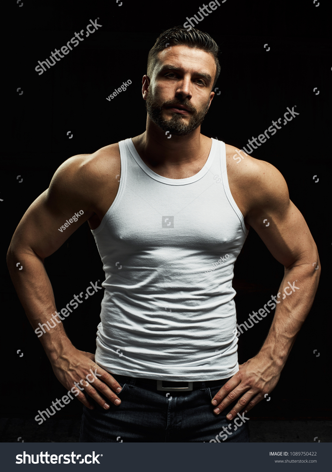 Strong Serious Muscular Man White Tshirt Stock Photo 1089750422 ...