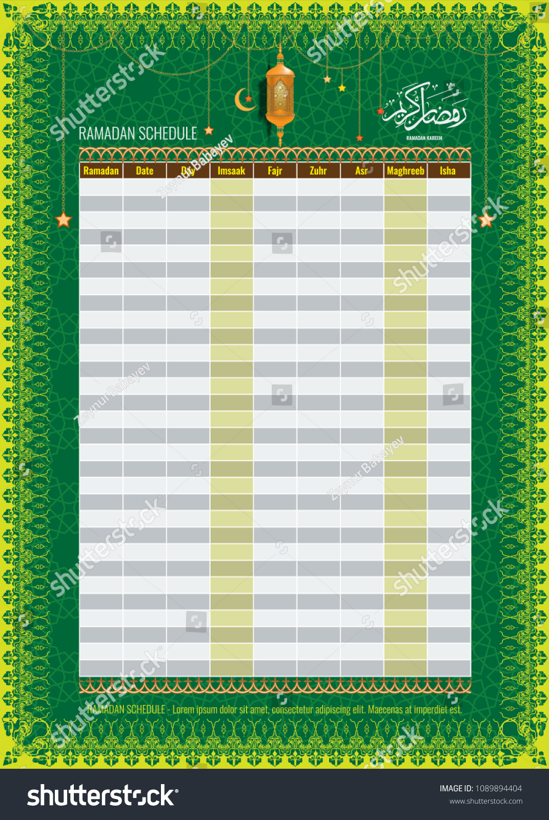 Ramadan Imsakia Amsakah Calendar Schedule Fasting Stock Vector (Royalty ...