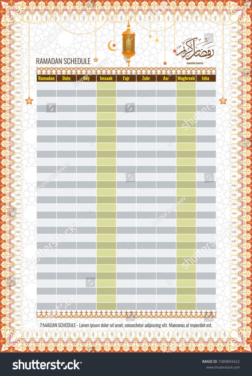 Ramadan Imsakia Amsakah Calendar Schedule Fasting Stock Vector (Royalty ...