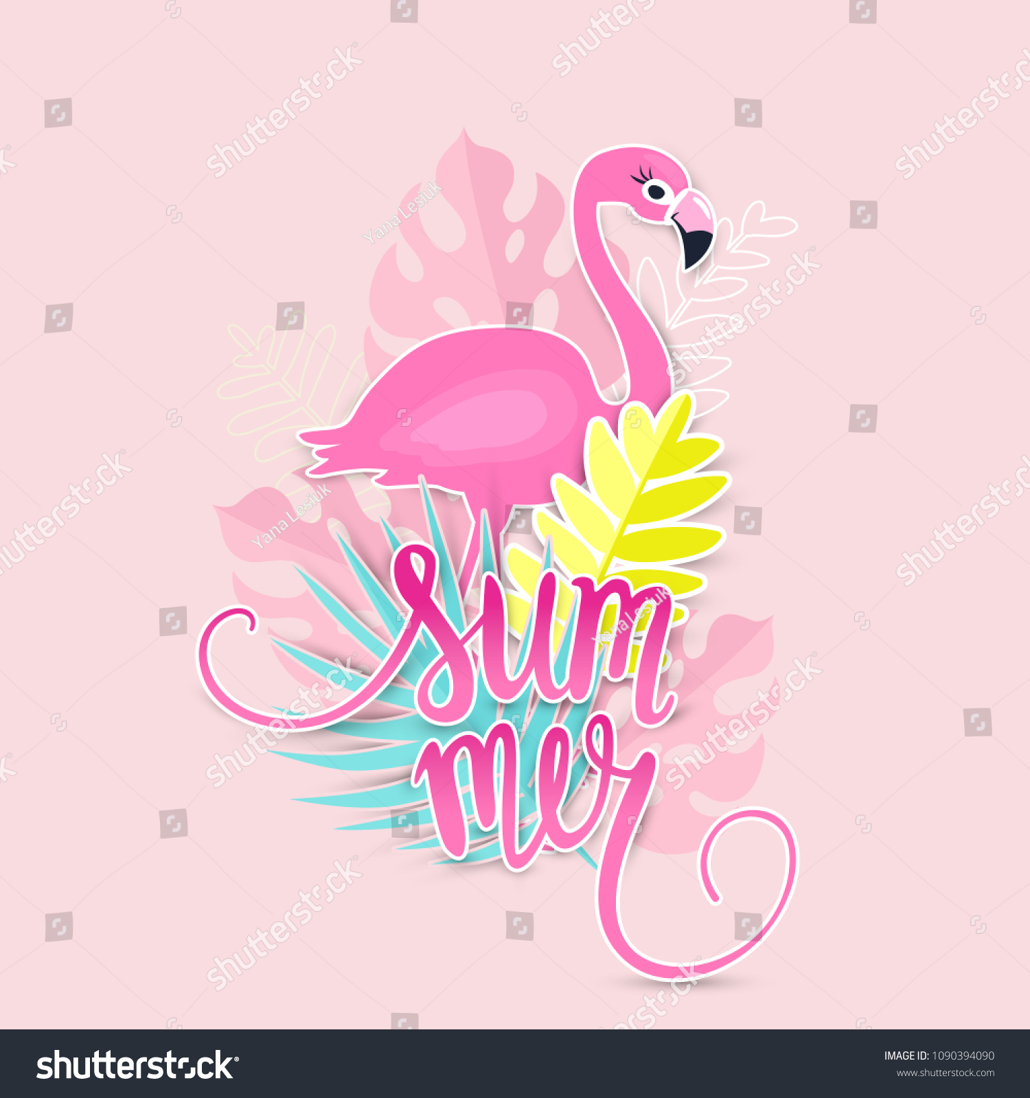 Tropical Summer Illustration Pink Flamingo Exotic Stock Vector (Royalty ...